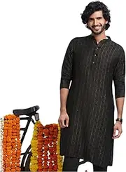 [KISAH] Men's Kurta, Black Cotton, Embellished Long Sleeves Mandarin Collar Regular Fit