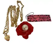 Betsey Johnson Necklace Red Rose With Pearl Pendant Or Pin