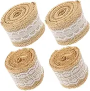 CIYODO 4 Rolls Natural Burlap Napkin Rings with Delicate Lace Ribbon Rustic DIY Crafts for Weddings Parties and Home Decor and Versatile Jute Bands for Festive Celebrations