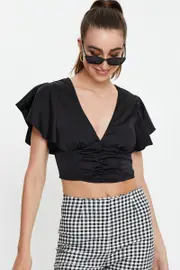 Black Button Front Satin Crop Top - Size 12, Women's Semi Crop