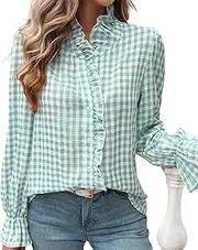 [YOUNIFIZ] Womens Plaid Blouse Peasant Ruffle Neck Button Down Plaid Puff Long Sleeve Gingham Blouse Shirts