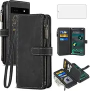 [Asuwish] Phone Case for Google Pixel 6A 5G 2022 Wallet Cover with Tempered Glass Screen Protector and Leather Flip Credit Card Holder Stand Lanyard Rugged Cell Accessories Pixel6A A6 Women Men Black