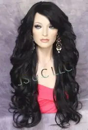 Full Human Hair Blend Wig Long Wavy Bangs Layered Heat OK Black side part RMVS