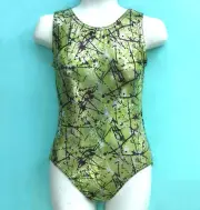 Gymnastics Leotard Girls CL Child 10 Lime Dk. Brown White Paint Spatter Design