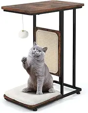 Costway Cat Tree & End Table, C-Shaped Cat Side Table w/Scratching Board, Removable Washable Cushion & Hanging Toy, Modern Cat Furniture for Living Room, Bedroom, Rustic Brown