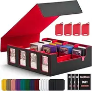CardNovux Trading Card Storage Box with Commander Display; 2400+ Deck Box for MTG with Removable Cover; Toploader Card Case fits Magic TCG PTCG Sports Cards; 24 Dividers, 4 Stoppers (Black & Red)