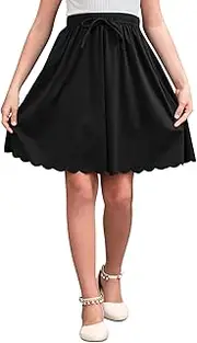 [GORLYA] Girls Casual Scallop Trim Hem Elastic Waist A-Line Swing Midi Skirt with Pockets for 4-14T