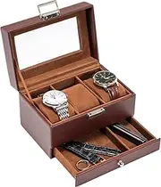 [ProCase] 3 Slot Watch Box with Drawer, Double-layer Jewelry Organizer Box with Glass Lid, Display Case Storage Box for Men Women -Espresso