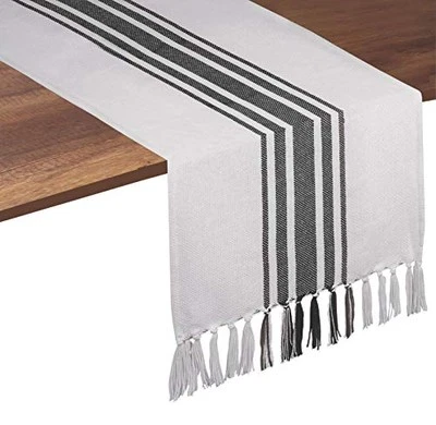 Gray Table Runner 90 Inches Long - Boho Striped Table Cover 14x90 Gray White