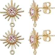 Beebeecraft 1 Box 10Pcs Sun Stud Earring Finding 18K Gold Plated Earring Post with Pink Cubic Zirconia Earring Component for Jewelry Making, Earring Making Supplies