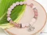 STRAWBERRY & ROSE QUARTZ Crystal Bracelet, Lotus Flower Charm, Round Beads E0971