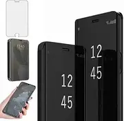[KENHES] Flip Case Mirror for Samsung A10 [with Tempered Glass Screen Protector][Stand] Platin Clear View 360° Shockproof Cover Mirror Compatible for Samsung A10(Black)
