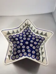 Polish Pottery Boleslawcu Star Shaped Dish Peacock & Trees NEW