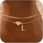 [sloong] Gold Initial Anklet Bracelets for Women, 14k Gold Plated Layered Letter A-Z Heart Anklet Dainty Trendy Waterproof Summer Beach Jewelry Gifts for Women