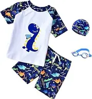 [joyxiwa] Children's Boys Cartoon Dinosaur Swimsuit Swim Trunks Split Suit Baby Small Children Middle and Big Boys Boys Swimwear Boys One Piece Rash Guard Swimsuit-White Four-Piece Suit + Swim Goggles,100cm