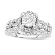 1.75 CT. T.W. Natural Diamond Flower Frame Twist Bridal Engagement Ring Set in Solid 14K White Gold
