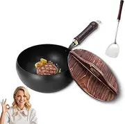 2025 New Uncoated Iron Pan, Suntuup Japanese Iron Pan, Premium 9.45" Hand‑Forged Carbon Steel Pans Without Coating with Wooden Lid & Ergonomic Handle for Cooker Gas Stir Fry (1 Pcs)