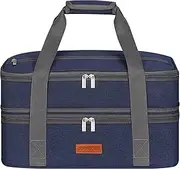 Insulated Double Decker Casserole Carrier for Hot or Cold Food, Expandable Food Carrier for Potluck Parties, Picnic, Cookouts, Fits 11 x 15 or 9 x 13 Lasagna Pan, Baking Dish（Blue）