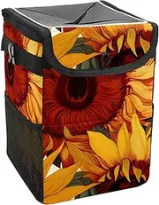Car Trash Can with Lid and Storage Pockets Leak-Proof Organizer,Waterproof Garbage Can,Yellow Watercolor Sunflowers