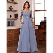 A-Line Mother of the Bride Dress Elegant Simple V Neck Floor Length Chiffon 3/4 Length Sleeve with Solid Color 2025