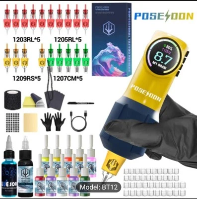 POSEIDON Tattoo Machine Kit Pen Gun Wireless Rotary Motor Color Inks Needle LCD