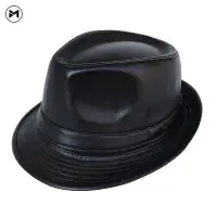 在飛比找Yahoo!奇摩拍賣優惠-【熱賣】黑色皮革帽子男士春秋冬禮帽牛仔帽韓版太陽帽成人紳士帽