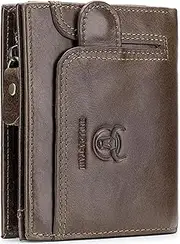 [HSHTTKL] Genuine Leather Wallet RFID Blocking Card Holder Bifold Coin Purses Vintage Large Capacity Buckle Design Coins Pocket
