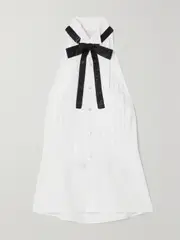 [Ralph Lauren Collection] Ralph Lauren Collection - Sorrento Embellished Bow-detailed Pleated Cotton-poplin Halterneck Top - White - US10 US 10 White