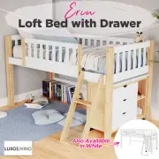 Single Loft Bed with Cabinet Drawer Solid Pine Wooden Bunk Bed Kids Furniture