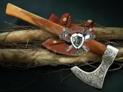 Viking Axe Handmade Corban Steel Blade Sharp Edge With Leather Sheath..