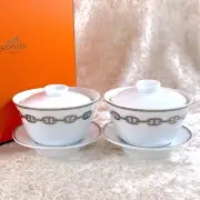 2 Sets x Hermes Tea Cup Saucer with Top Cover Lid CHAINE D'ANCRE PLATINUM w/Box