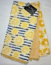 NICOLE MILLER HOME KITCHEN TOWELS (2) SUNFLOWERS NAVY BLUE YELLOW COTTON NWT