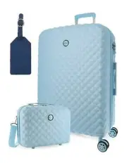 Pierre Cardin LARGE Blue Hard Shell Luggage with Mini Beauty Case Set + Assor...
