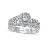 0.63 CT. T.W. Oval Natural Diamond Frame Filigree Bypass Bridal Engagement Ring Set in Solid 10K White Gold