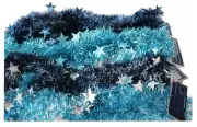 96" Hanukkah or Christmas Tree Tinsel Garland, Blue Iridescent Stars decor