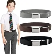 [Dejicuk] 3Pcs Belt for Kids, Elastic Belt for Children School Belt Adjustable Toddler Baby Belt with Silver Square Buckle for Boys Girls, Black, Coffee and Medium Grey, 35cm-75cm/13.8"-29.5" in length,