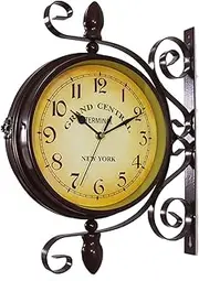 Outdoor Garden Clock,Double Sided Wall Clock with Outside Bracket 8 Inch European Classical Style Wrought Iron Silent Rotatable Hanging Clock Indoor Livingroom Outdoor Patio Decora