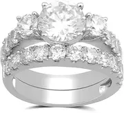 [Jewelili] Sterling Silver Cubic Zirconia Round, 3-Stone Wedding Ring