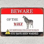 CHARLLR Vintage Metal Tin Sign 8x12, Beware Of Wolf Wall Art Decor, Man Cave Safty Warning Poster for Home Living Room Bedroom Kitchen Garden Garage Cafe Bar Pub