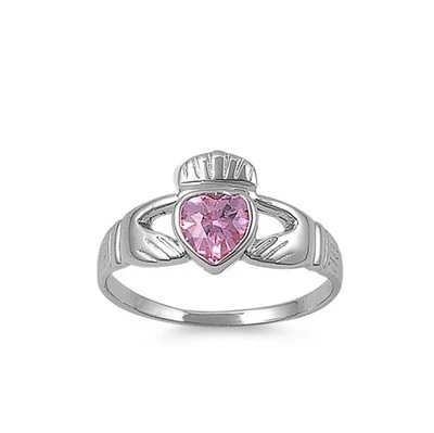 Claddagh .925 Sterling Silver Pink CZ Fashion Ring Size 4