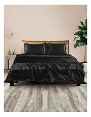 [DreamZ] Silky Satin Fitted Flat Bed Sheet Pillowcases Queen in Black