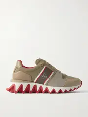 [Christian Louboutin] Christian Louboutin - Nastroshark 40 Embroidered Grosgrain-trimmed Suede, Canvas And Leather Sneakers - Army green - IT38.5 IT 38.5 Green