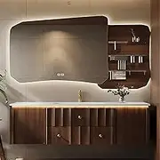 64 in ZGNBSD Bathroom Vanity with Sink – Modern Floating Solid Wood Bathroom Vanity Cabinet with Integrated Stone Sink, LED Defogging Mirror or Mirror Cabinet, Carved Drawers | Smart Mirror
