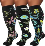 FOFLORA Plus Size Compression Socks for Women & Men 3 Pairs, Wide Calf Extra Large 20-30 mmHg Knee High Support Socks for Travel, Running, Nurse