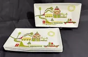 4 Crate & Barrel Julia Rothman Christmas Appetizer Plate Tray MCM Folk Art Yule