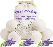 6 Wool Dryer Balls XL New Zealand Natural Fabric Softener 12 Safety Pins Static