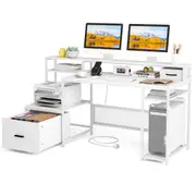 Costway Home Office Desk Computer Desk w/Monitor Stand & File Drawer Study Writing Desk White