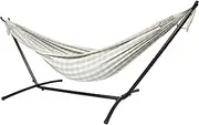 10ft Black Universal Steel Hammock Stand & Authentic Double Vichy Hammock - Matte Black Stand Alone Hammock Stand Combo - Steel Hammock Frame and Gingham Hammock with Carry Bags (Stone)