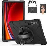 [SUPFIVES] Case for Galaxy Tab S10 Ultra 14.6 inch 2024, Tablet S9 Ultra 2023 Upgraded Military Liquid Silicone 3 Layers Protection with+Handle+ Rotating Stand+ S-Pen Holder+ Shoulder Strap- Black