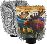 XYMZR Moose Stain Glass Absorbent Microfiber Car Wash Mitt, Funny Cute Anime Scratch Free for Cars Cleaning, Home Cleaning Mitts, 2 Pack, 10.24” L x 7.09” W